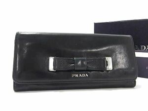 1円 PRADA プラダ 1M1132 レザー リボン 二つ折り 長財布 ウォレット レディース ブラック系 AX4177