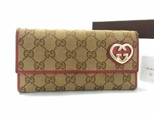 1円 GUCCI グッチ 251861 ラブリーハート GG柄 GGキャンバス 二つ折り 長財布 ウォレット レディース ブラウン系×レッド系 AV9793