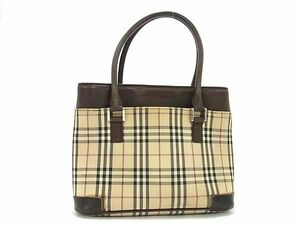 1円 BURBERRY バーバリー ノバチェック キャンバス×レザー ハンドバッグ トート レディース ベージュ系×ブラウン系 CD1750