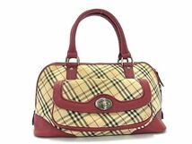 1円 BURBERRY バーバリー キャンバス×レザー チェック柄 ハンドバッグ トート レディース ベージュ系×レッド系 CD1748_画像1