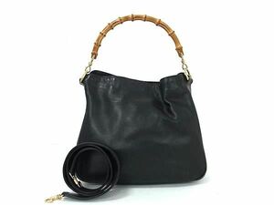 1円 ■美品■ GUCCI グッチ 001 3754 1638 バンブー レザー クロスボディ 2WAY ハンドバッグ ショルダー 肩掛け ブラック系 BK0195