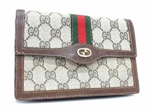 1円 GUCCI オールドグッチ ヴィンテージ シェリーライン PVC×レザー メイクポーチ マルチケース 小物入れ ブラウン系 AZ1077