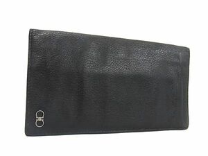 1円 ■美品■ Salvatore Ferragamo フェラガモ JLー66 9282 ダブルガンチーニ レザー 二つ折り 長財布 ウォレット ブラック系 AW3803