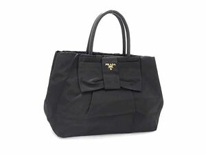 1円 PRADA プラダ テスートナイロン×レザー リボン ハンドバッグ トートバッグ レディース ブラック系 DA8181