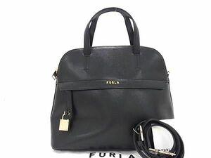 1円 ■新品同様■ FURLA フルラ パイパー レザー 2WAY ハンドバッグ トート ショルダー 斜め掛けかばん レディース ブラック系 FA1901