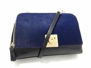 1円 ■美品■ FURLA フルラ レザー 2WAY ポーチ マルチケース ショルダーバッグ 肩掛けかばん レディース ブラック系×ネイビー系 BF6278