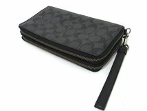 1円 ■美品■ COACH コーチ F66562 シグネチャー PVC×レザー オーガナイザー ラウンドファスナー 長財布 ウォレット ブラック系 AZ1138_画像3