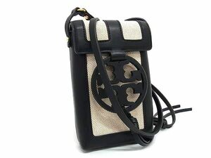 1円 ■極美品■ TORY BURCH トリーバーチ キャンバス ショルダーバッグ スマホショルダー マルチケース ブラック系×アイボリー系 FA1608