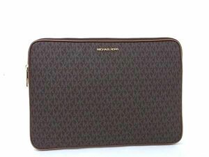 1円 ■新品同様■ MICHAEL KORS マイケルコース MK柄 PVC×レザー タブレットケース クラッチバッグ セカンドバッグ ブラウン系 AV7420