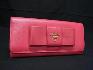 1円 PRADA プラダ サフィアーノレザー リボン 二つ折り 長財布 ウォレット レディース ピンク系 FA3048