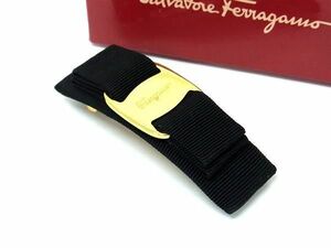 1円 ■美品■ Salvatore Ferragamo フェラガモ ヴァラリボン キャンバス バレッタ ヘアアクセサリー ブラック系×ゴールド系 FA3392