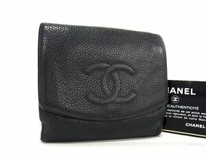 1円 CHANEL シャネルココマーク キャビアスキン 二つ折り 財布 ウォレット 小銭入れ 札入れ レディース ブラック系 AW3804