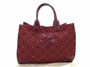 1円 ■極美品■ TORY BURCH トリーバーチ エラ ナイロン×パテントレザー キルティング トートバッグ ショルダー ボルドー系 FC1313