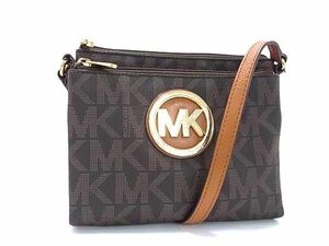 1円 ■美品■ MICHAEL KORS マイケルコース MK柄 PVC×レザー クロスボディ ショルダーバッグ ポシェット 斜め掛け ブラウン系 FC1402