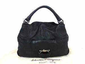 1円 ■美品■ Salvatore Ferragamo フェラガモ FZ-21 B494 ガンチーニ レザー ハンドバッグ ショルダー レディース ブラック系 FC1765