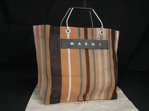 1円 ■極美品■ MARNI マルニ フラワーカフェ マーケット ナイロン ストライプ ハンドバッグ トートバッグ オレンジ系 FC1942