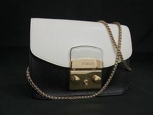 1円 ■美品■ FURLA フルラ メトロポリス レザー チェーン ショルダーバッグ 斜め掛け 肩掛け レディース ホワイト系×ブラック系 FC1837