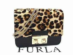 1円 ■極美品■ FURLA フルラ ベラ ハラコ×レザー レオパード チェーン ショルダーバッグ 肩掛け ブラウン系×ブラック系 FC1842