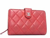 1円 CHANEL シャネル ココマーク マトラッセ ラムスキン 二つ折り 財布 ウォレット 札入れ 小銭入れ レディース レッド系 FC1696_画像1