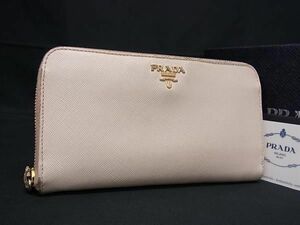 1円 PRADA プラダ サフィアーノレザー ラウンドファスナー 財布 ウォレット 札入れ 小銭入れ レディース メンズ ベージュ系 FB0068