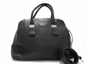 1円 ■美品■ FURLA フルラ ツイッギーサッチェル レザー 2WAY ハンドバッグ ショルダーバッグ 肩掛けかばん ブラック系 BK0591