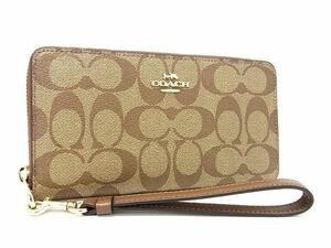 1円 ■新品■未使用■ COACH コーチ C4452 シグネチャー PVC×レザー ラウンドファスナー 長財布 ウォレット レディース ブラウン系 AV7996