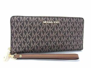 1円 ■新品同様■ MICHAEL KORS マイケルコース 35F2GTVE7V MK柄 PVC×レザー ラウンドファスナー 長財布 ウォレット ブラウン系 AV9590