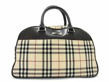 1円 BURBERRY バーバリー ナイロンキャンバス×レザー チェック柄 ハンドバッグ ミニボストンバッグ ベージュ系×ブラウン系 AW4401_画像1