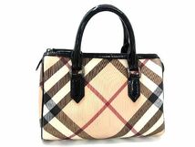 1円 ■極美品■ BURBERRY バーバリー PVC×パテントレザー チェック柄 ハンドバッグ ミニボストン レディース ベージュ系 AN9961_画像1