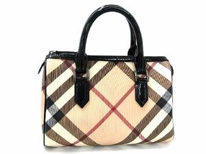 1円 ■極美品■ BURBERRY バーバリー PVC×パテントレザー チェック柄 ハンドバッグ ミニボストン レディース ベージュ系 AN9961