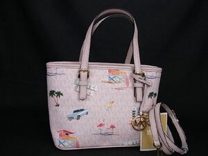 1円 ■新品同様■ MICHAEL KORS マイケルコース JET SET TRAVEL PVC×レザー 2WAY ハンドバッグ トート ショルダー ピンク系 BG1394