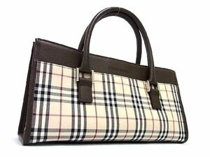 1円 ■新品同様■ BURBERRY バーバリー ノバチェック キャンバス×レザー ハンドバッグ トート レディース ベージュ系×ブラウン系 AP6597