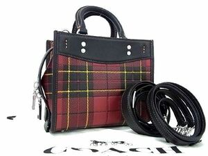 1円 ■新品同様■ COACH コーチ CH385 レザー チェック柄 2WAY ハンドバッグ ショルダー トート レディース ブラック系×レッド系 AR3345