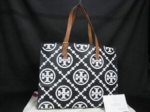 1円 ■新品同様■ TORY BURCH トリーバーチ Tモノグラム レザー トートバッグ ショルダー 肩掛け ブラック系×アイボリー系 AQ3425