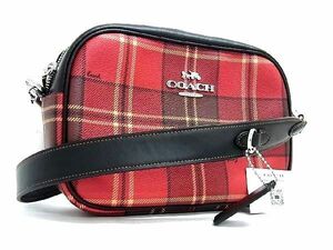 1円 ■新品同様■ COACH コーチ CC146 PVC×レザー チェック柄 ショルダーバッグ カメラバッグ 斜め掛け レディース レッド系 BG1396