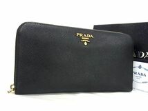 1円 PRADA プラダ サフィアーノレザー ラウンドファスナー 長財布 ウォレット 札入れ 小銭入れ メンズ レディース ブラック系 BF6692_画像1