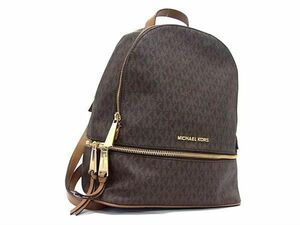 1円 ■美品■ MICHAEL KORS マイケルコース MK柄 PVC×レザー リュックサック バックパック レディース ブラウン系 FC1537