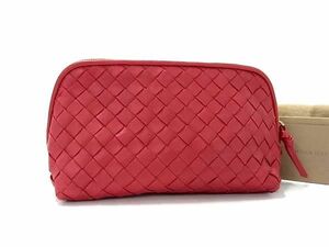 1円 ■極美品■ BOTTEGA VENETA ボッテガヴェネタ イントレチャート レザー ポーチ マルチケース 小物入れ レディース レッド系 EA2068