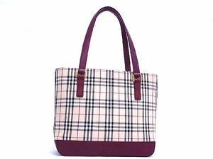 1円 ■極美品■ BURBERRY バーバリー ノバチェック キャンバス×レザー ハンドバッグ トート レディース ベージュ系×ボルドー系 AP0838