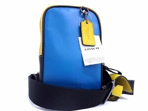 1円 ■新品同様■ COACH コーチ CH070 レザー エアポッズケース付き ショルダーバッグ クロスボディ ブルー系×イエロー系 BE1240