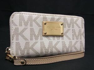 1円 ■新品同様■ MICHAEL KORS マイケルコース MK柄 PVC ラウンドファスナー 長財布 ウォレット 小銭入れ 札入れ アイボリー系 AX4158