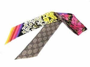 1円 ■極美品■ GUCCI グッチ GG柄 フラワー 花柄 リボンスカーフ ツイリー レディース ベージュ系×マルチカラー FA3169