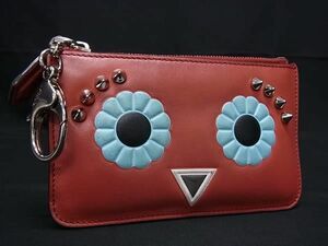 1円 FENDI フェンディ バッグバグズ モンスター レザー スタッズ コインケース コインパース 小銭入れ キーケース 鍵入れ レッド系 AX4357