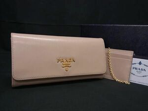 1円 ■美品■ PRADA プラダ レザー カードケース付き 二つ折り 長財布 ウォレット 小銭入れ レディース ピンクベージュ系 FC0702