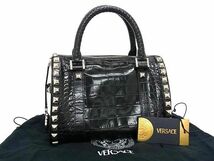 1円 ■極美品■ VERSACE ヴェルサーチ メデューサ クロコダイル型押しレザー スタッズ ハンドバッグ レディース ブラック系 AZ0656_画像1