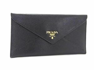 1円 ■美品■ PRADA プラダ サフィアーノレザー エンベロープ エンベロップ 二つ折り 長財布 ウォレット レディース ブラック系 AX4465