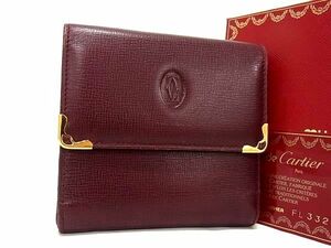 1円 ■美品■ Cartier カルティエ マストライン レザー がま口 三つ折り 財布 ウォレット 札入れ 小銭入れ カード入れ ボルドー系 FC0595