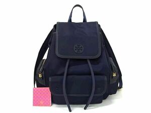 1円 ■新品同様■ TORY BURCH トリーバーチ ナイロン×レザー 巾着型 リュックサック バックパック レディース ネイビー系 FA3742