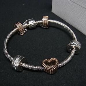 1円■美品■ PANDORA パンドラ Moments Snake Chain Bracelet SV925 チャーム付き ハート ラインストーン ブレスレット シルバー系 FC0701の画像1