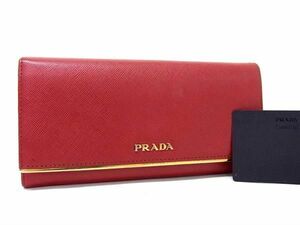 1円 PRADA プラダ サフィアーノレザー 二つ折り 長財布 ウォレット 小銭入れ レディース レッド系 FA2358